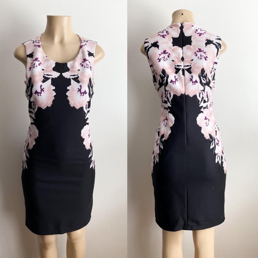 🌸Calvin Klein Sheath Career Formal Floral Bodycon Sleeveless Dress Pink Black 6 - Picture 4 of 11
